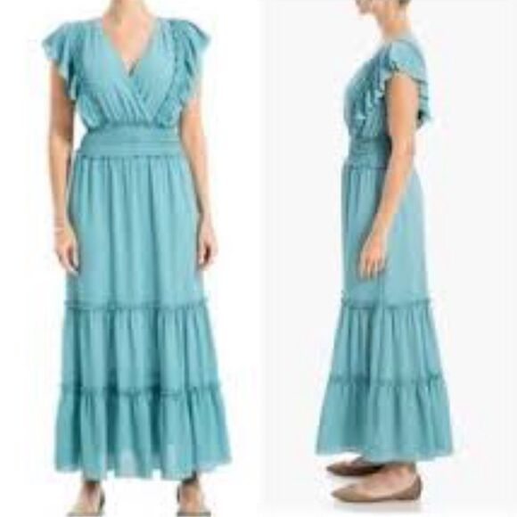 NWT Max Studio pebble crepe flutter sleeve maxi dress in blue  Size S - Picture 2 of 9
